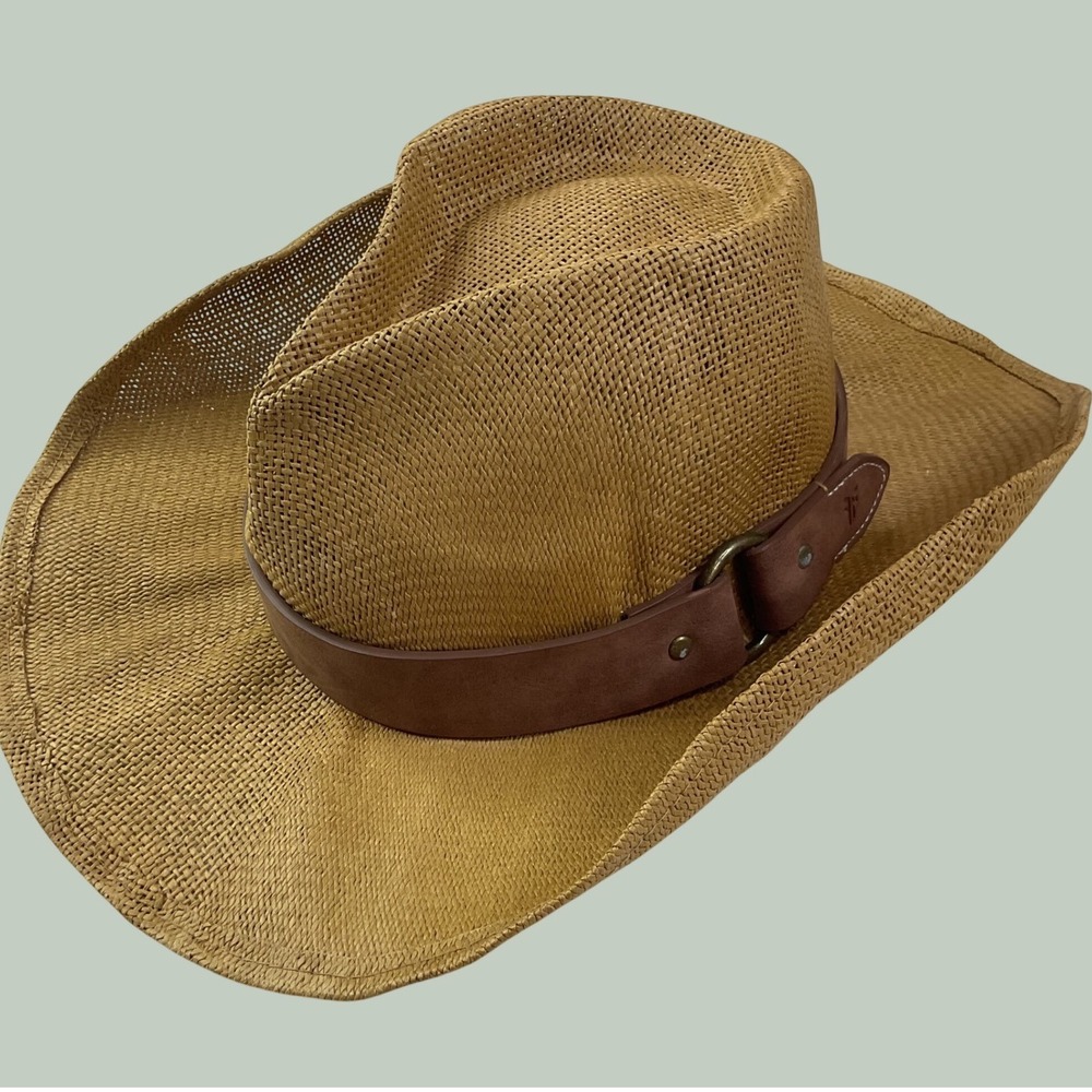 Frye Straw Cowboy Hat Tan Paper Western Sun Hat Leather Band OSFM